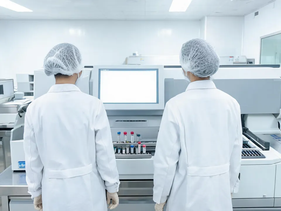 Laboratory scientists reviewing analyzer menu and sample track